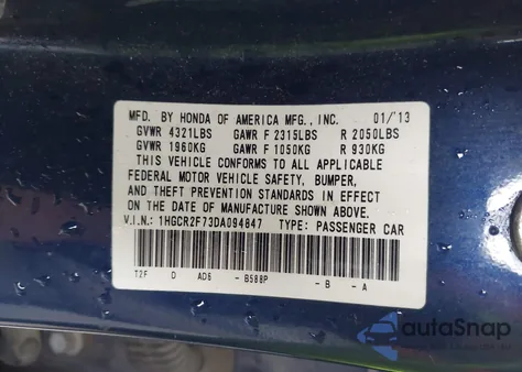 2013 Honda Accord Ex from USA, damaged, VIN 1HGCR2F73DA094847